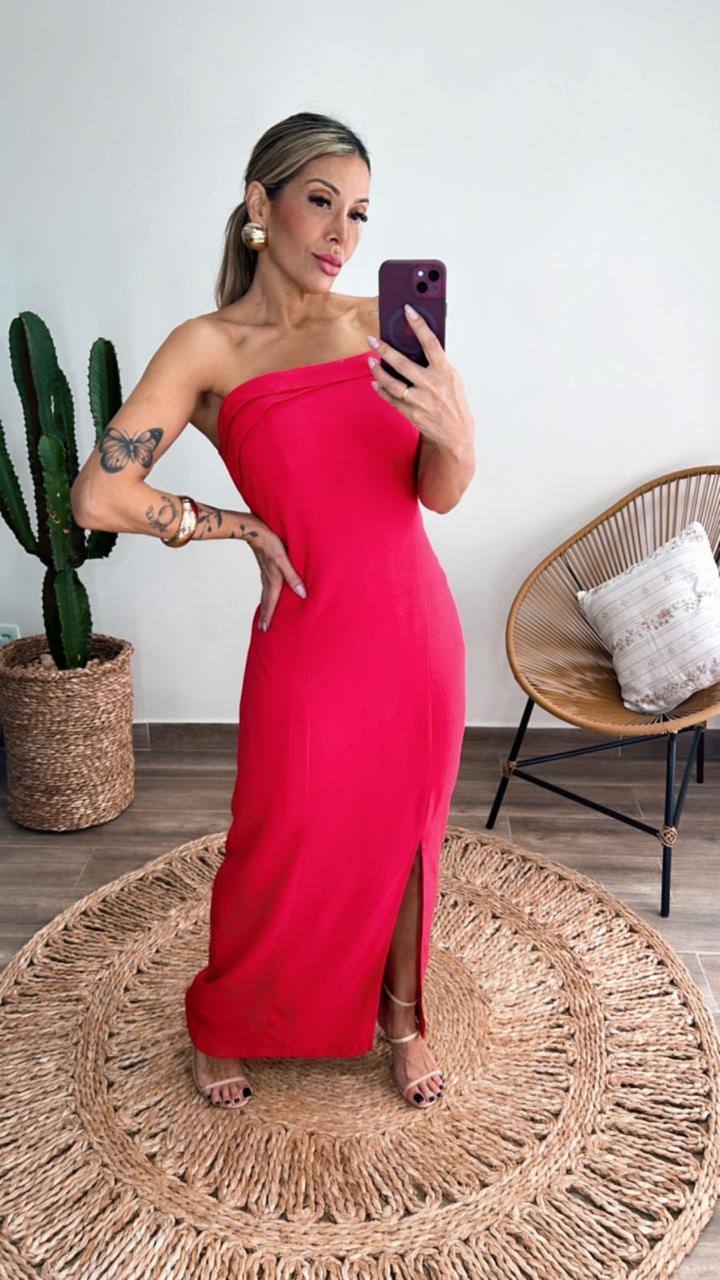 Vestido de Linho "Tânia" – Tomara-que-Caia com Fenda Lateral Vermelho