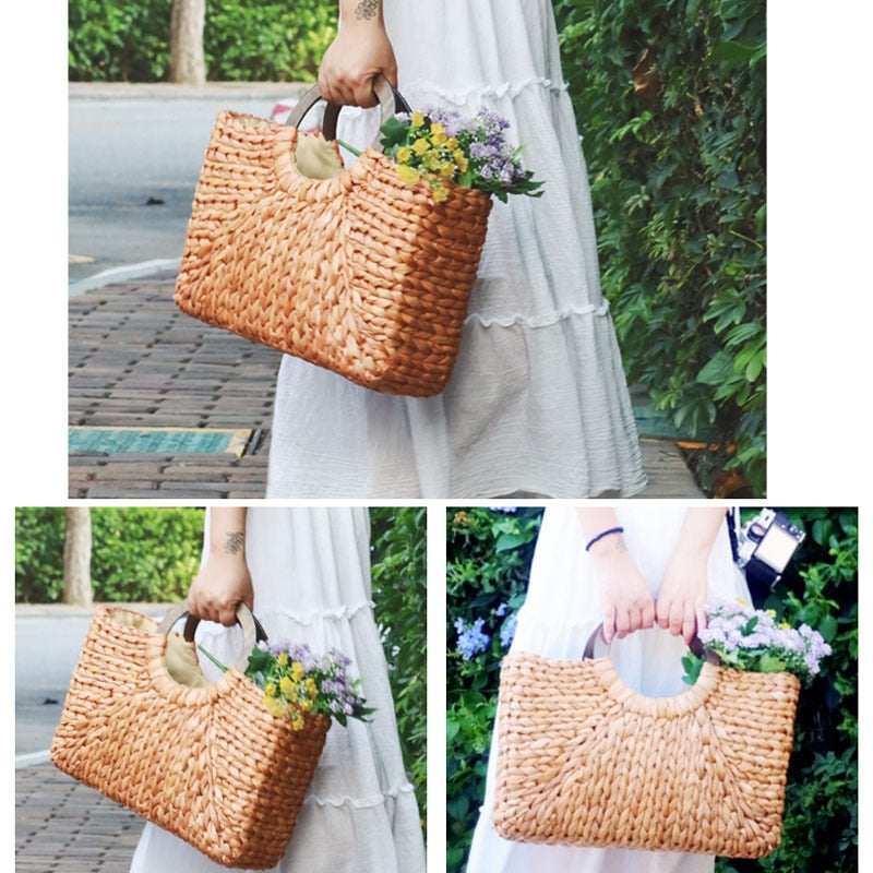 Bolsa de praia forrada com alça de madeira - 41x19x12cm