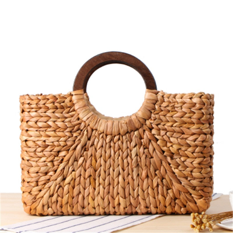 Bolsa de praia forrada com alça de madeira - 41x19x12cm