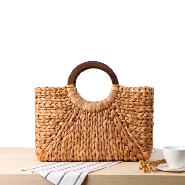 Bolsa de praia forrada com alça de madeira - 41x19x12cm