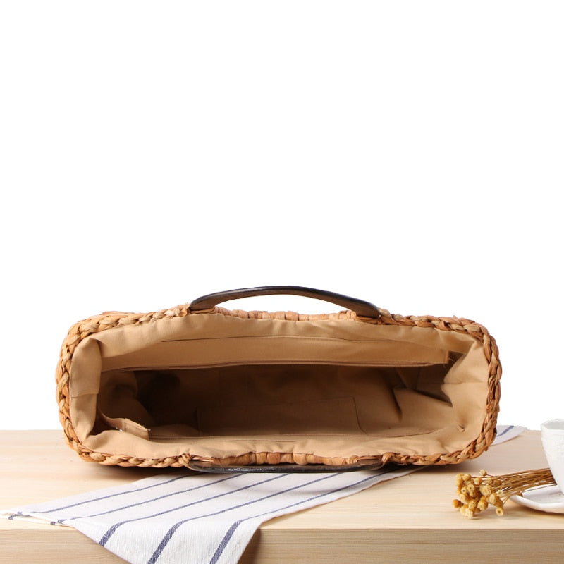 Bolsa de praia forrada com alça de madeira - 41x19x12cm