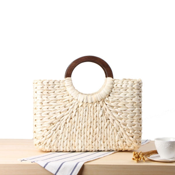 Bolsa de praia forrada com alça de madeira - 41x19x12cm