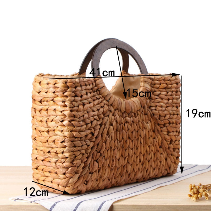 Bolsa de praia forrada com alça de madeira - 41x19x12cm