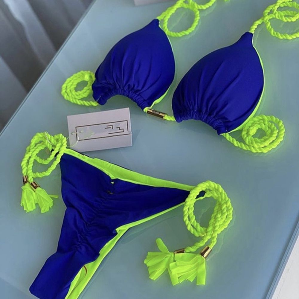 Biquini Cortininha com bojo  Azul e verde limão Iris